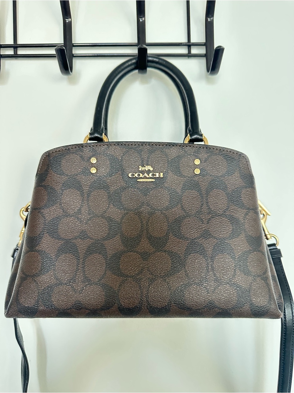 Coach Brown Monogram Dome Satchel with Black Handles